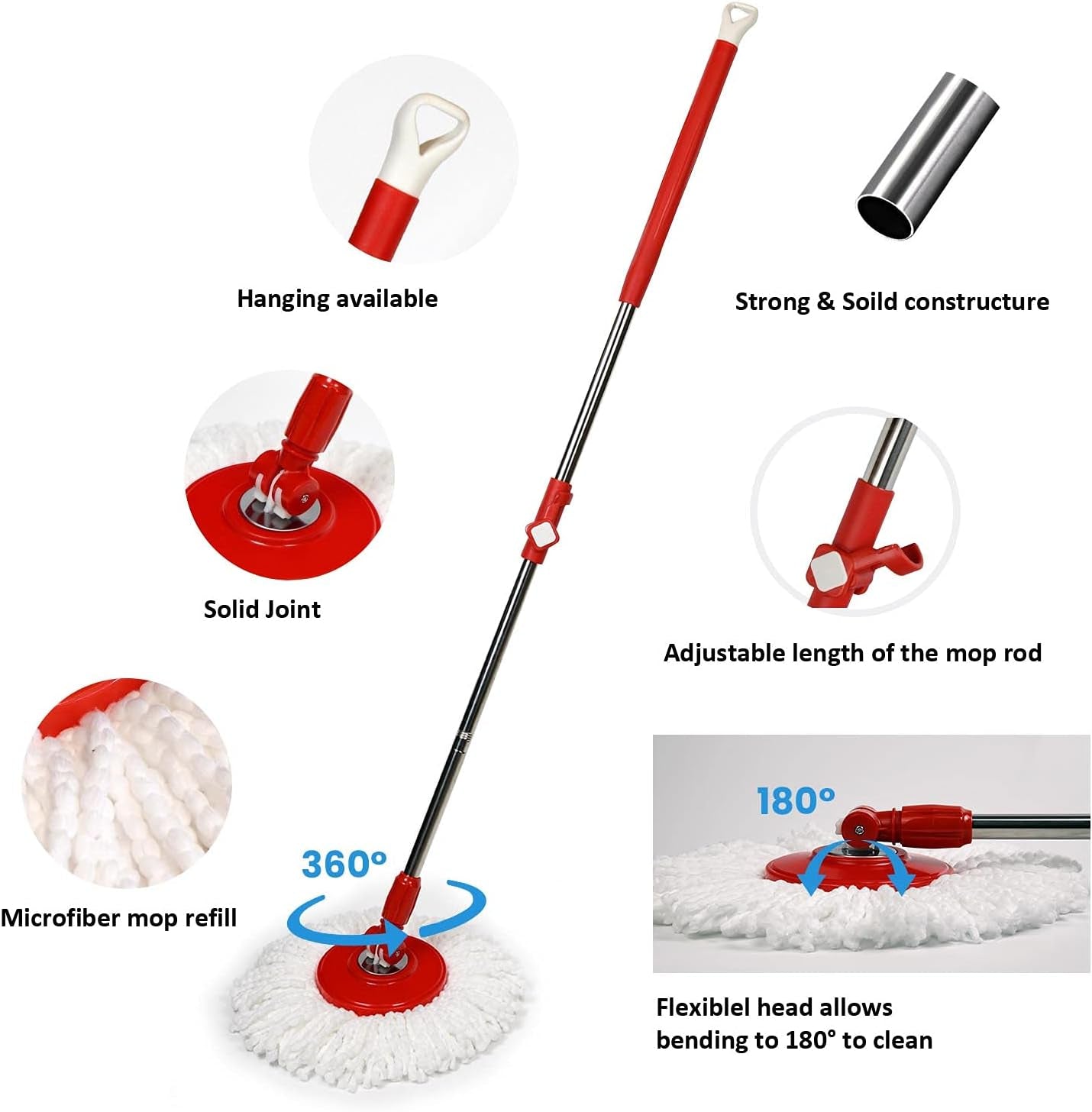 Floor Mop and Bucket Set, 2 in 1 Spinning Mop for Cleaning, Square and round Mop Head for Hardwood, Laminate, Tile, Hands Free Mop with Washable Microfiber Pad, Single Bucket for Wet & Dry