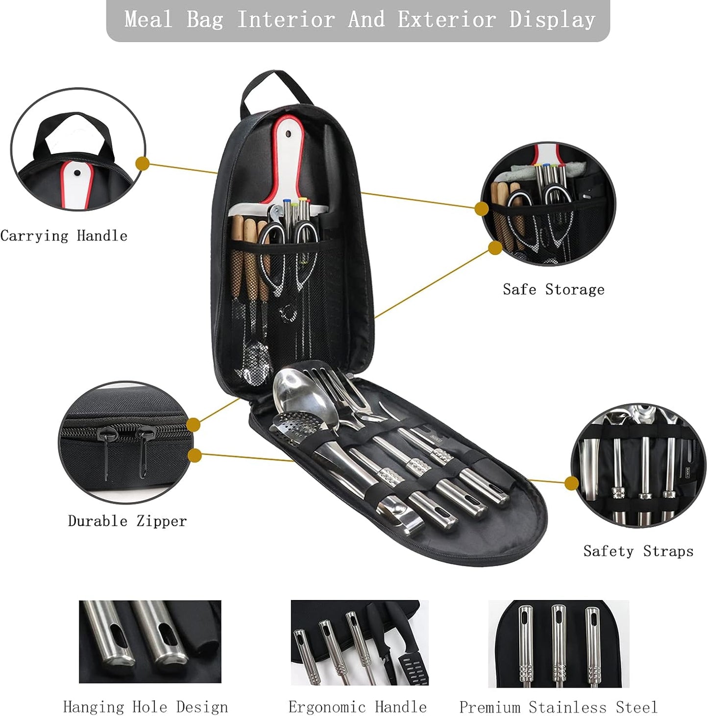 Lccxume Camping Cookware, 27Pcs Camping Utensils Set Portable Stainless Camp Kitchen Equipment Steel Camping Accessories Compact Gear for BBQ Camping Hiking Travel Water Resistant Organizer Bag