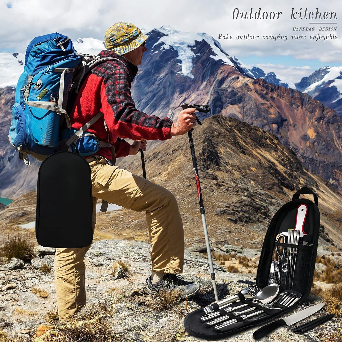 Lccxume Camping Cookware, 27Pcs Camping Utensils Set Portable Stainless Camp Kitchen Equipment Steel Camping Accessories Compact Gear for BBQ Camping Hiking Travel Water Resistant Organizer Bag