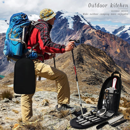 Lccxume Camping Cookware, 27Pcs Camping Utensils Set Portable Stainless Camp Kitchen Equipment Steel Camping Accessories Compact Gear for BBQ Camping Hiking Travel Water Resistant Organizer Bag