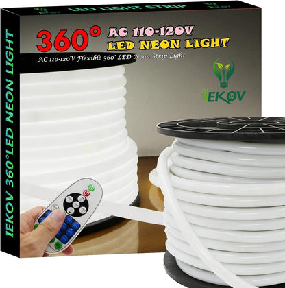 [Upgrade] 360° LED NEON Light, AC 110-120V Flexible 360 Degree LED Neon Strip Lights, Dimmable & Waterproof NEON LED Rope Light + Remote Controller for Decoration (32.8Ft/10M, White)