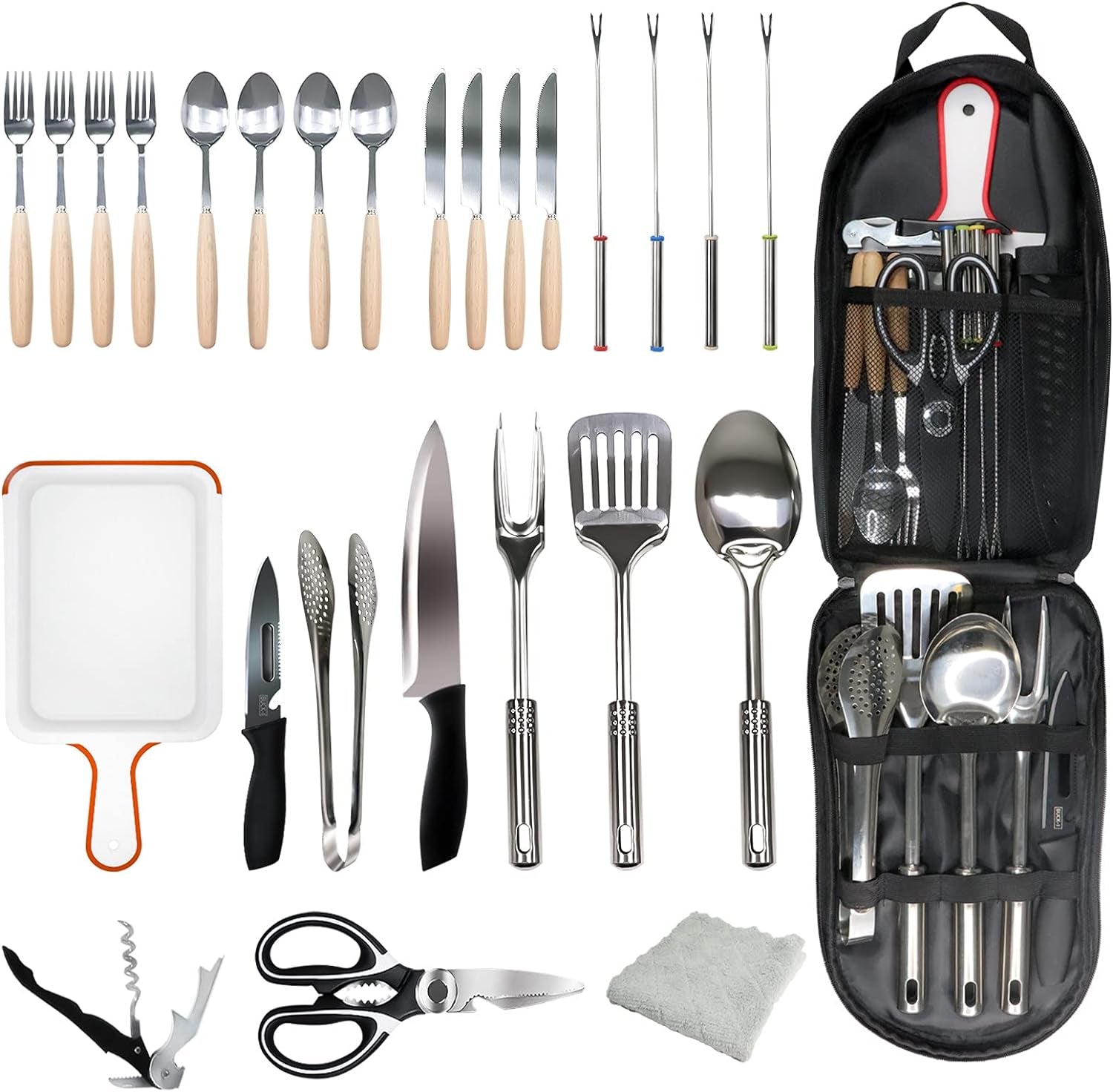 Lccxume Camping Cookware, 27Pcs Camping Utensils Set Portable Stainless Camp Kitchen Equipment Steel Camping Accessories Compact Gear for BBQ Camping Hiking Travel Water Resistant Organizer Bag