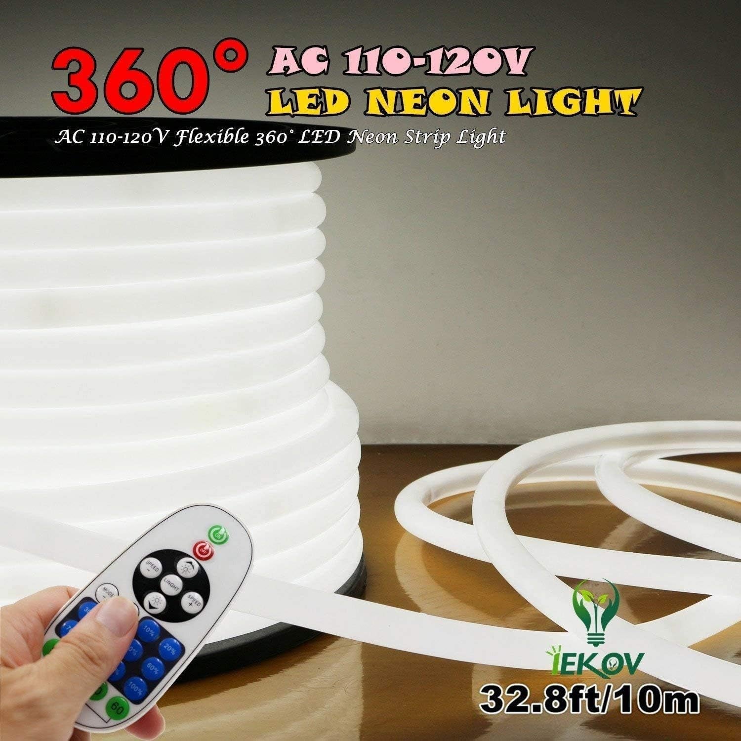 [Upgrade] 360° LED NEON Light, AC 110-120V Flexible 360 Degree LED Neon Strip Lights, Dimmable & Waterproof NEON LED Rope Light + Remote Controller for Decoration (32.8Ft/10M, White)