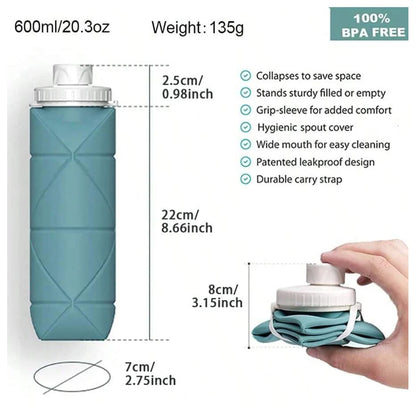600ml Foldableable Water Bottle Reusable Bpa-Free Silicone Water Cup Foldableable Travel Water Bottle Fitness Camping Style Hiking Sports Light and Durable