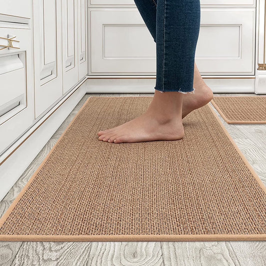 Kitchen Mat Set Non Slip Kitchen Rugs and Mats 2PCS Rubber Kitchen Floor Runner Rug 17"X30"+17"X47" Washable Kitchen Rugs Set Front of Sink Hallway Laundry Room Oats Beige