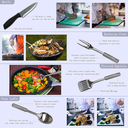 Lccxume Camping Cookware, 27Pcs Camping Utensils Set Portable Stainless Camp Kitchen Equipment Steel Camping Accessories Compact Gear for BBQ Camping Hiking Travel Water Resistant Organizer Bag