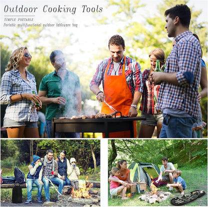 Lccxume Camping Cookware, 27Pcs Camping Utensils Set Portable Stainless Camp Kitchen Equipment Steel Camping Accessories Compact Gear for BBQ Camping Hiking Travel Water Resistant Organizer Bag